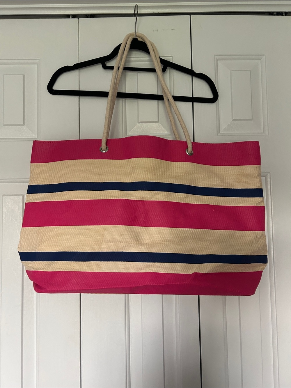 DSW Striped Pink and Beige Canvas Tote Bag with Navy Accents